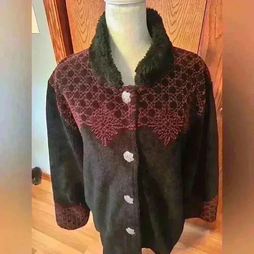Vintage Duffel Womens Outdoor Black Acrylic Metal Button Up Jacket Faux Fur